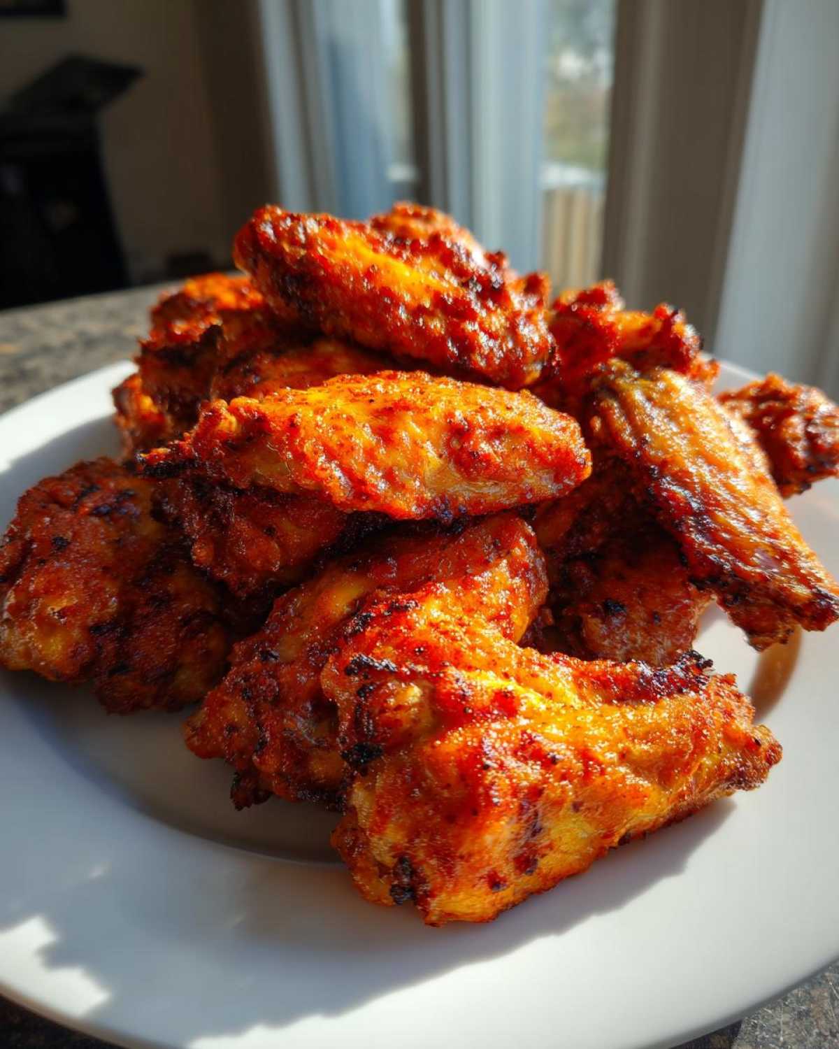 A close-up of a pile of extra crispy chicken wings, coated in a reddish-orange seasoning, served on a white plate.