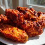 Close-up of several extra crispy chicken wings coated in a vibrant red sauce, served on a white plate.