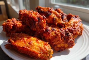 Close-up of several extra crispy chicken wings coated in a vibrant red sauce, served on a white plate.