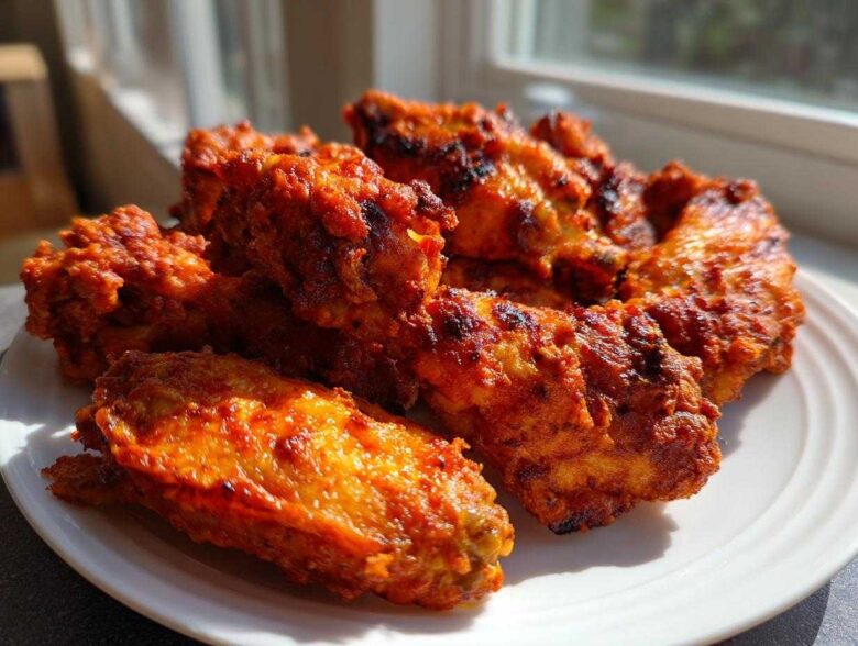 Close-up of several extra crispy chicken wings coated in a vibrant red sauce, served on a white plate.