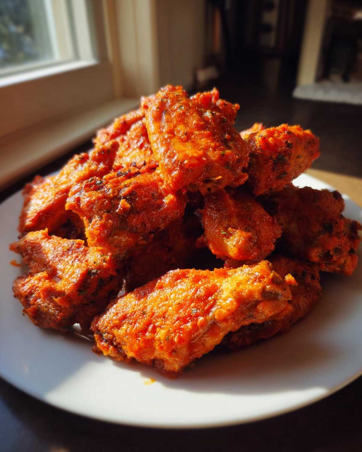 A mound of extra crispy chicken wings coated in bright orange sauce piled high on a white plate.