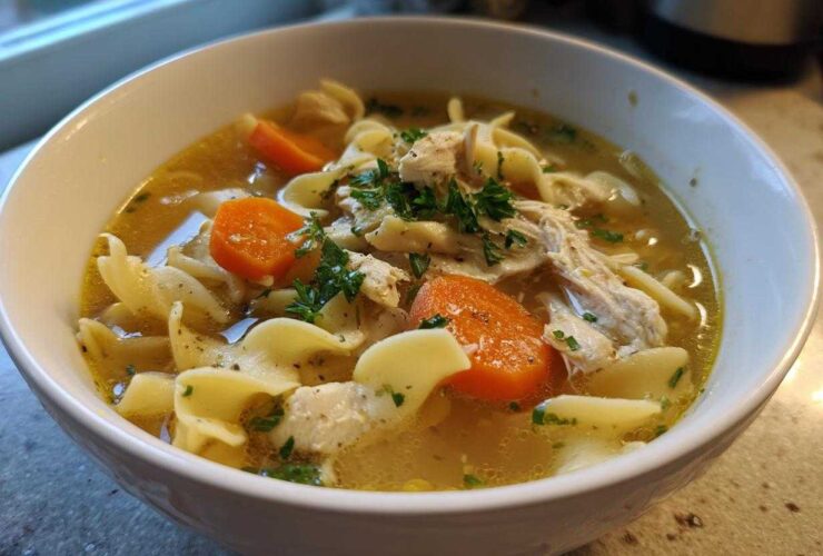 Close-up of a white bowl filled with steaming chicken noodle soup, featuring egg noodles, shredded chicken, carrots, and parsley.