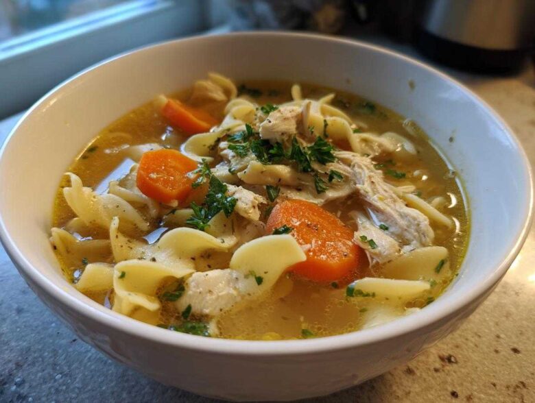 Close-up of a white bowl filled with steaming chicken noodle soup, featuring egg noodles, shredded chicken, carrots, and parsley.
