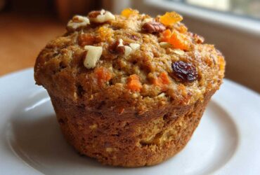 Close-up of a delicious morning glory muffins, topped with pecans, walnuts, and dried apricots.