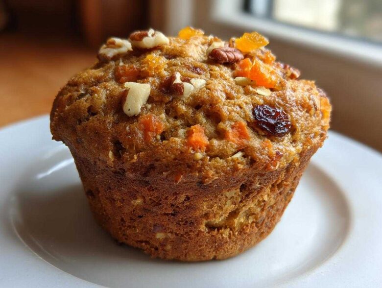 Close-up of a delicious morning glory muffins, topped with pecans, walnuts, and dried apricots.