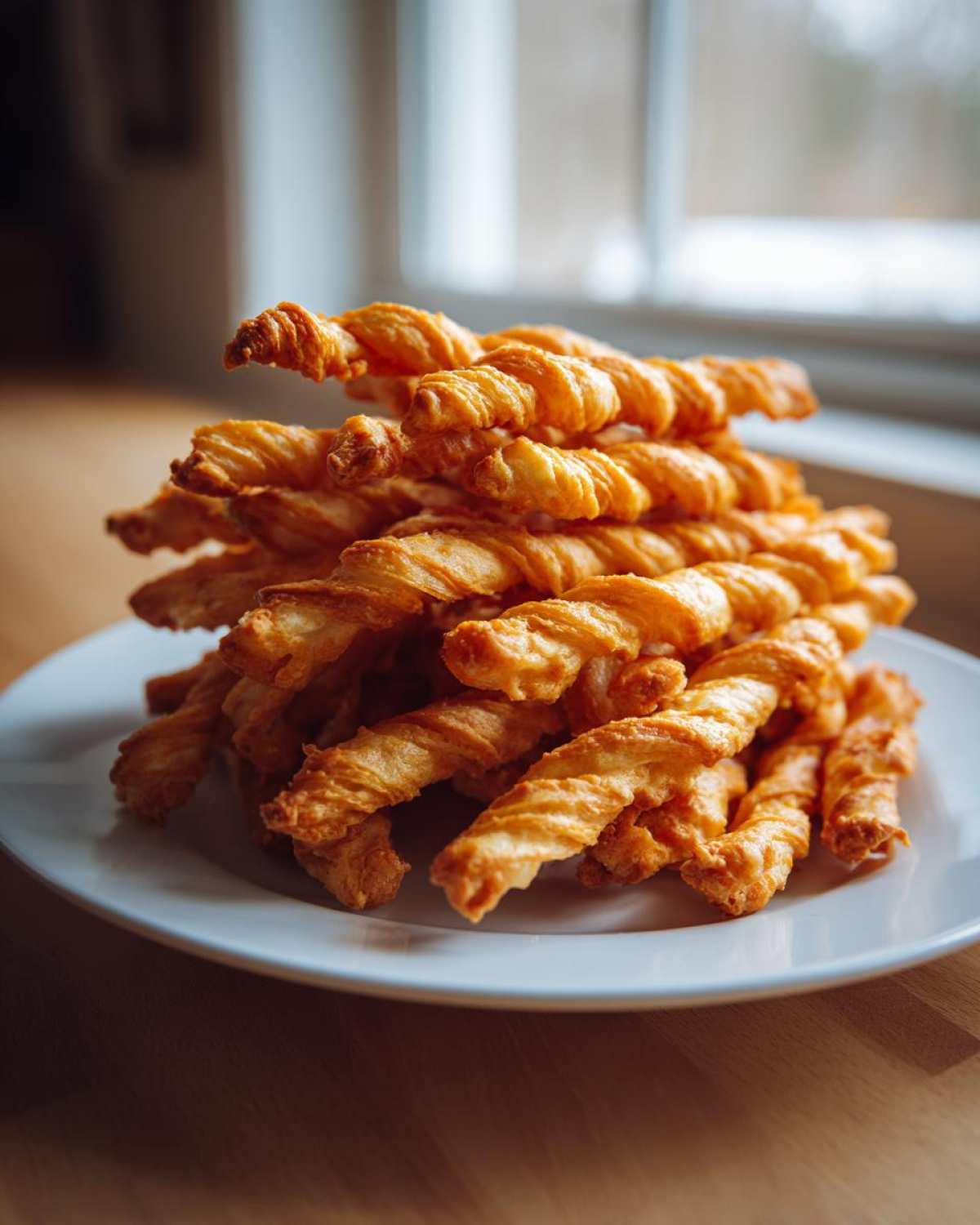 A tall stack of golden, flaky, twisted cheese straws recipe served on a white plate indoors.
