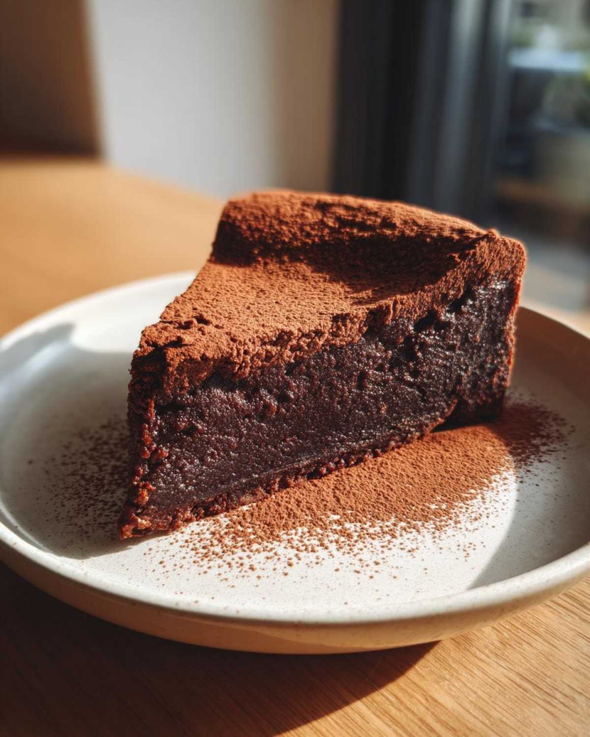 A decadent slice of flourless chocolate torte, rich and dark, dusted heavily with cocoa powder on a speckled white plate.