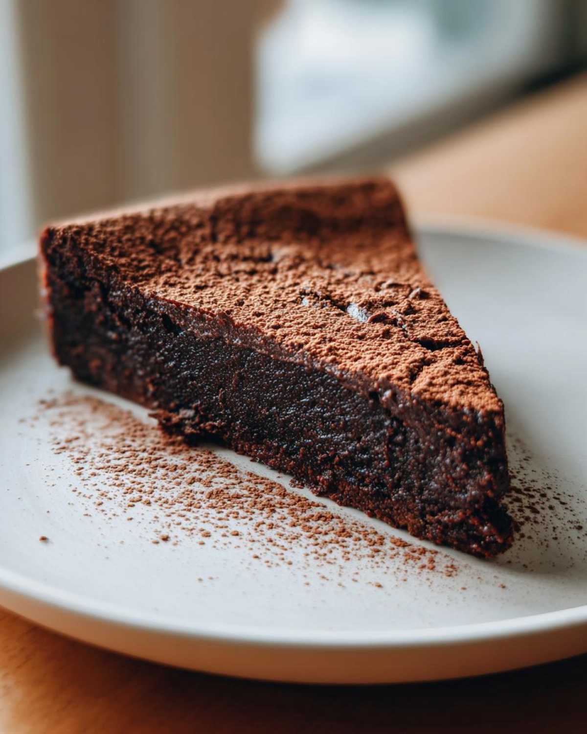 A dense, dark slice of flourless chocolate torte dusted generously with cocoa powder on a white plate.