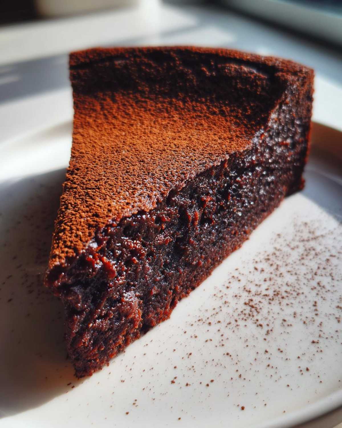 A close-up slice of dense, dark flourless chocolate torte dusted heavily with cocoa powder.