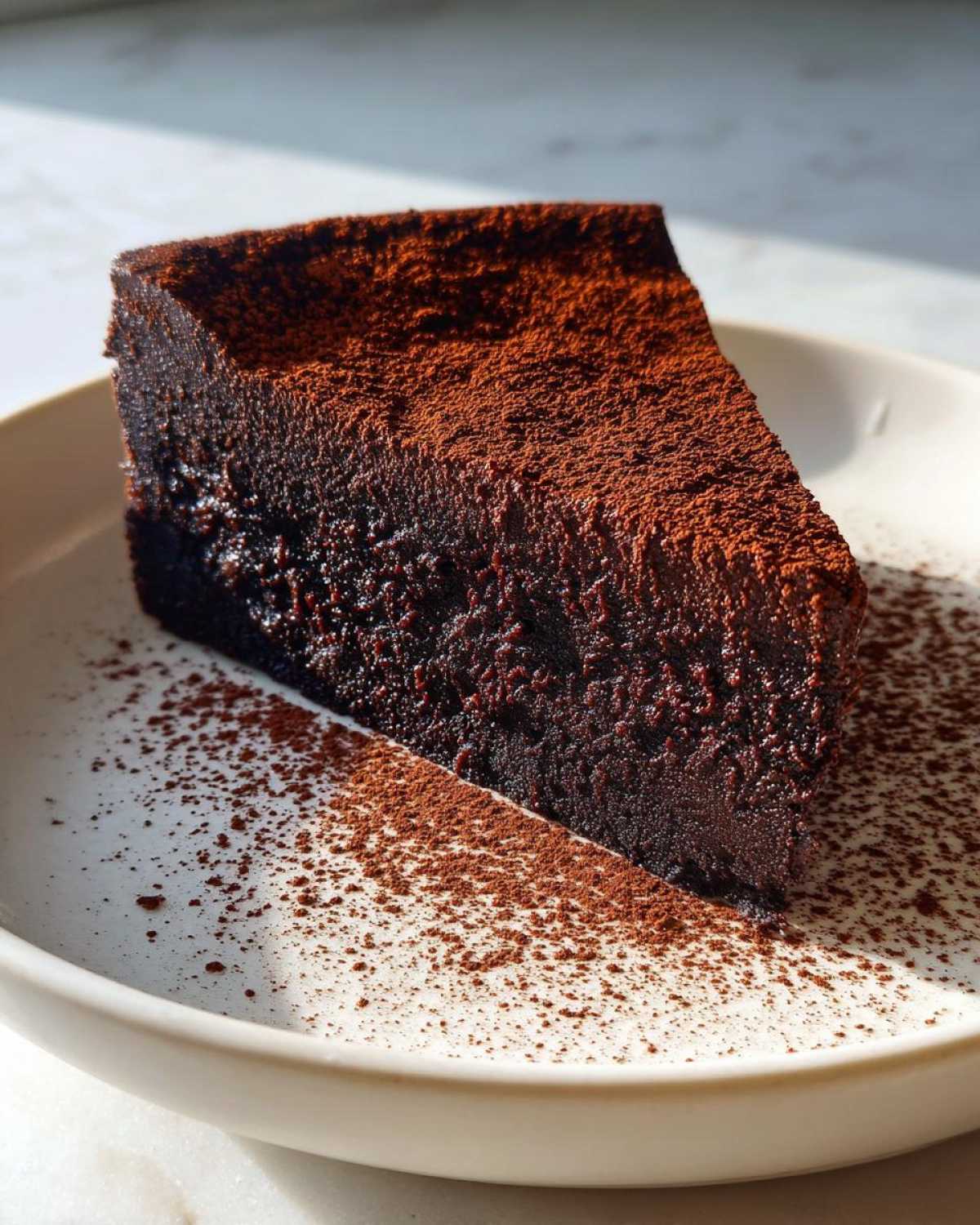 A decadent slice of flourless chocolate torte, intensely dark and dusted heavily with cocoa powder on a white plate.