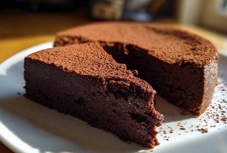 A slice of dense, dark flourless chocolate torte dusted heavily with cocoa powder, sitting next to the main cake.