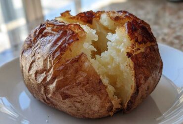 Close-up of a crispy-skinned air fryer baked potato split open to show fluffy interior.
