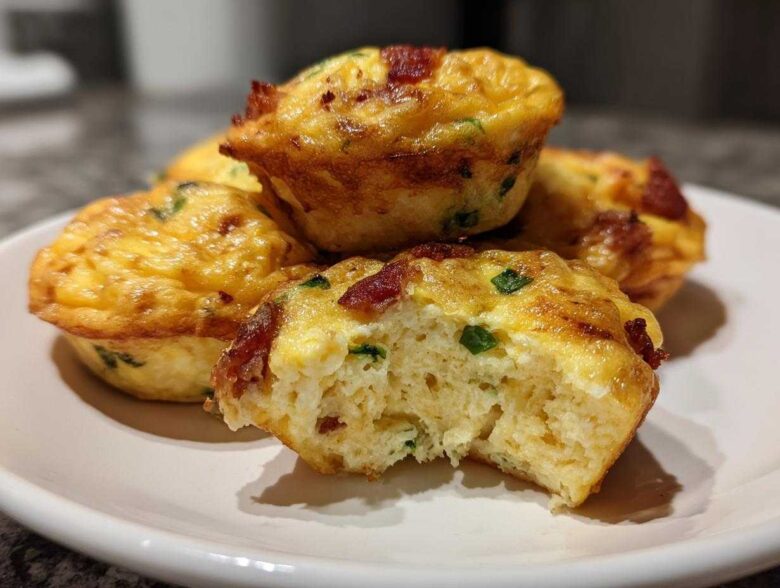 A close-up of several fluffy, golden brown egg bites with bacon and green onions, one of which is bitten into, revealing the texture of the egg bites.