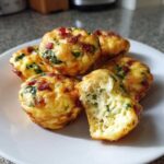 Close-up of several golden brown egg bites with bacon and spinach, one is broken open showing the fluffy interior.