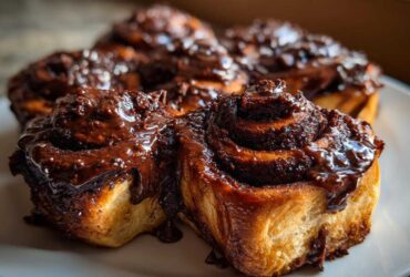 Close-up of fluffy chocolate cinnamon rolls generously topped with a thick, glossy chocolate glaze.