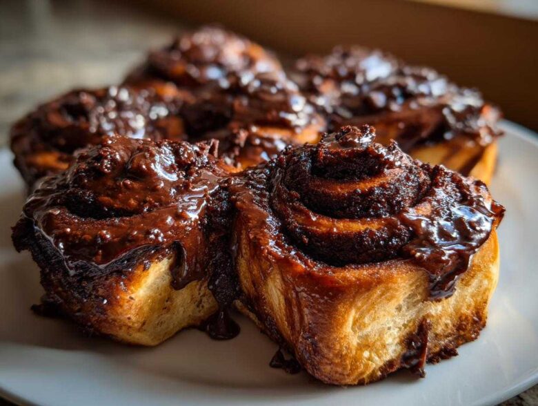 Close-up of fluffy chocolate cinnamon rolls generously topped with a thick, glossy chocolate glaze.