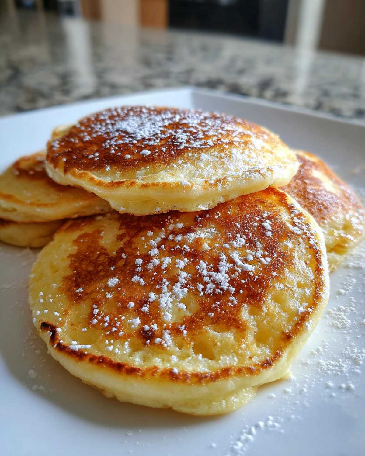 Close-up of a stack of golden brown coconut flour pancakes topped with a dusting of white powdered sugar.