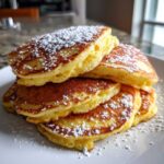 A close-up of a tall stack of golden brown coconut flour pancakes dusted generously with powdered sugar.