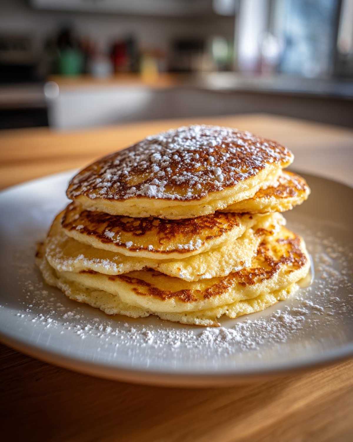 A tall stack of golden brown coconut flour pancakes dusted generously with powdered sugar on a light plate.