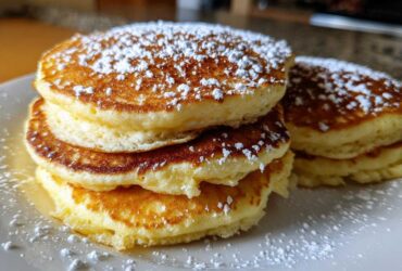 A close-up stack of three fluffy coconut flour pancakes dusted generously with powdered sugar on a white plate.