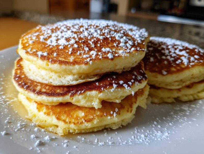 A close-up stack of three fluffy coconut flour pancakes dusted generously with powdered sugar on a white plate.