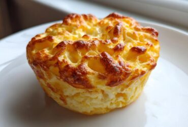 A single, golden-brown, fluffy cottage cheese egg cups starbucks style muffin on a white plate.