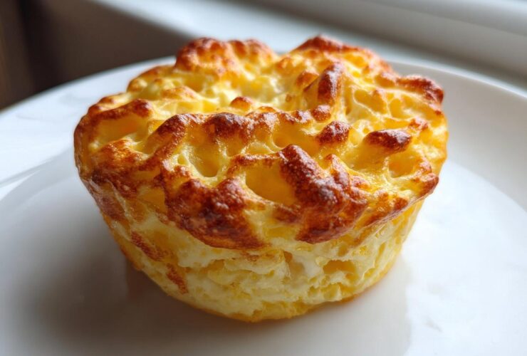 A single, golden-brown, fluffy cottage cheese egg cups starbucks style muffin on a white plate.