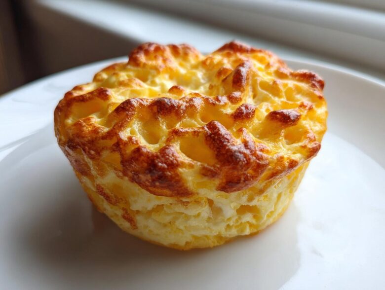 A single, golden-brown, fluffy cottage cheese egg cups starbucks style muffin on a white plate.