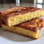Close-up of two thick slices of golden brown easy french toast stacked on a white plate, topped with syrup and sugar.