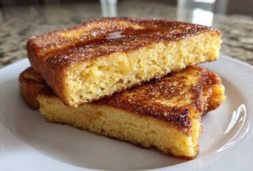 Close-up of two thick slices of golden brown easy french toast stacked on a white plate, topped with syrup and sugar.