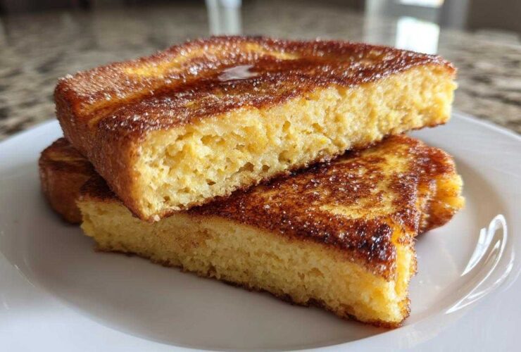 Close-up of two thick slices of golden brown easy french toast stacked on a white plate, topped with syrup and sugar.