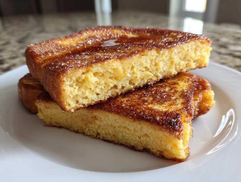 Close-up of two thick slices of golden brown easy french toast stacked on a white plate, topped with syrup and sugar.