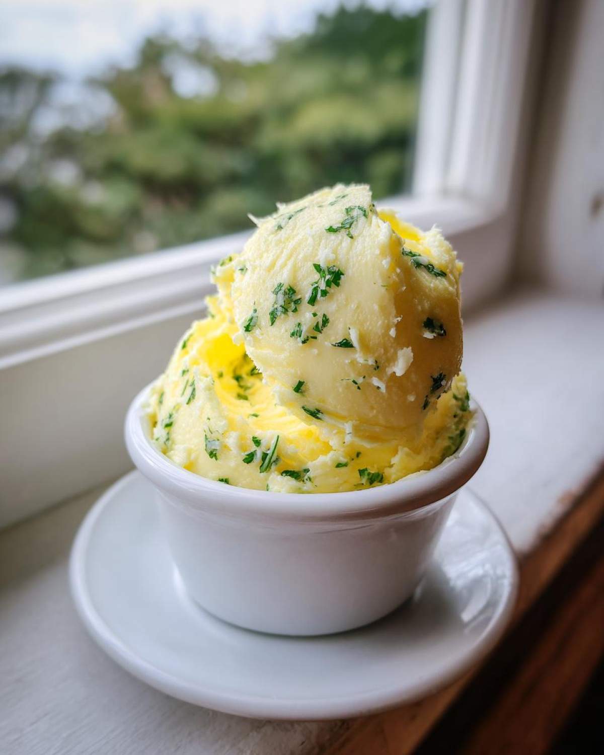 A generous scoop of fluffy garlic butter mixed with chopped green herbs served in a small white ramekin.
