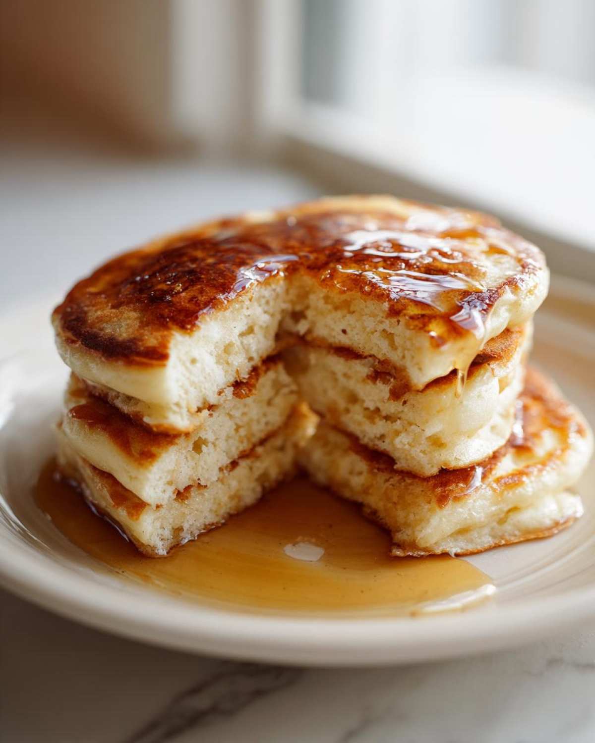 A close-up of a stack of fluffy greek yogurt pancakes cut open, drizzled generously with syrup.
