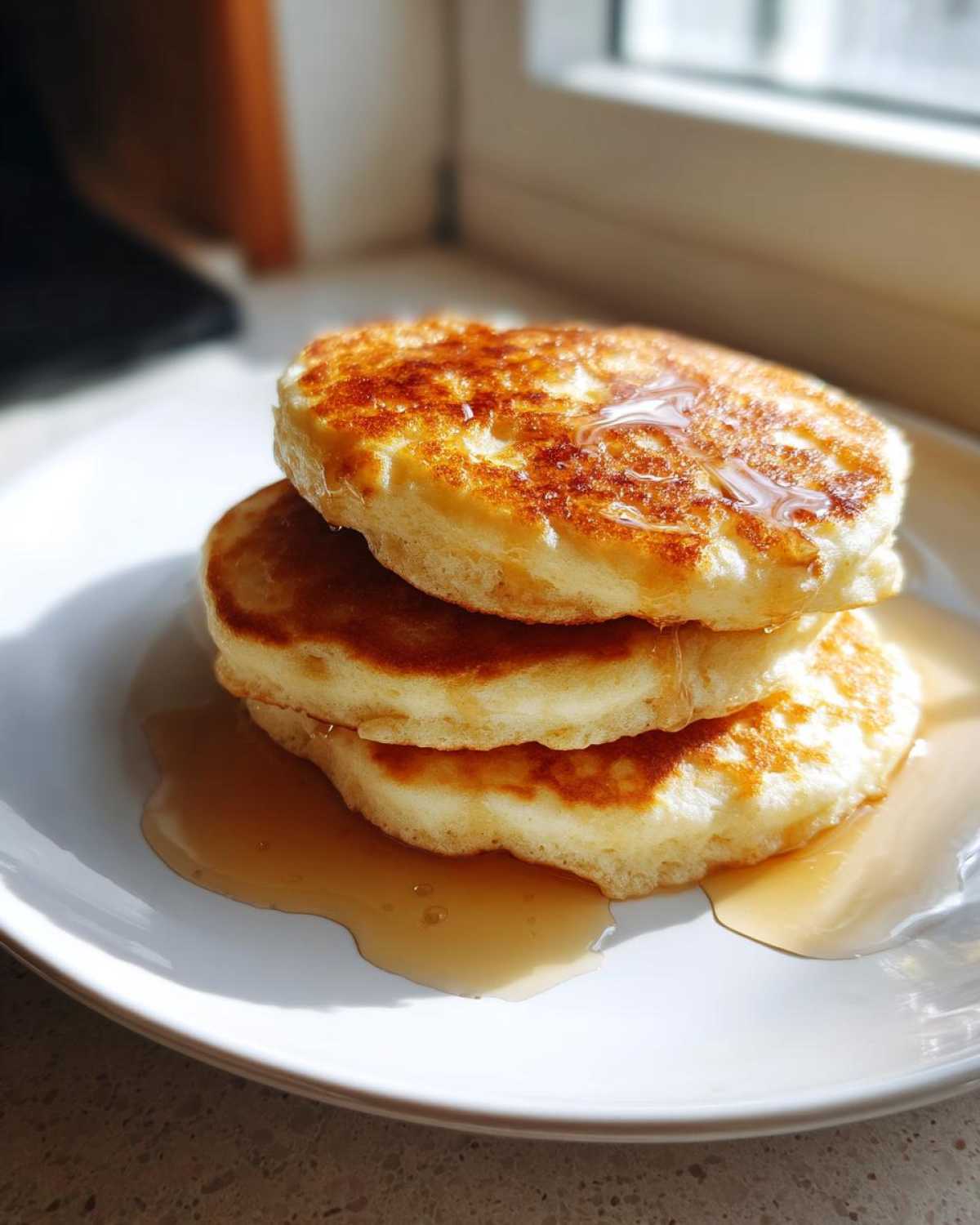 A stack of three fluffy greek yogurt pancakes drizzled generously with golden syrup on a white plate.