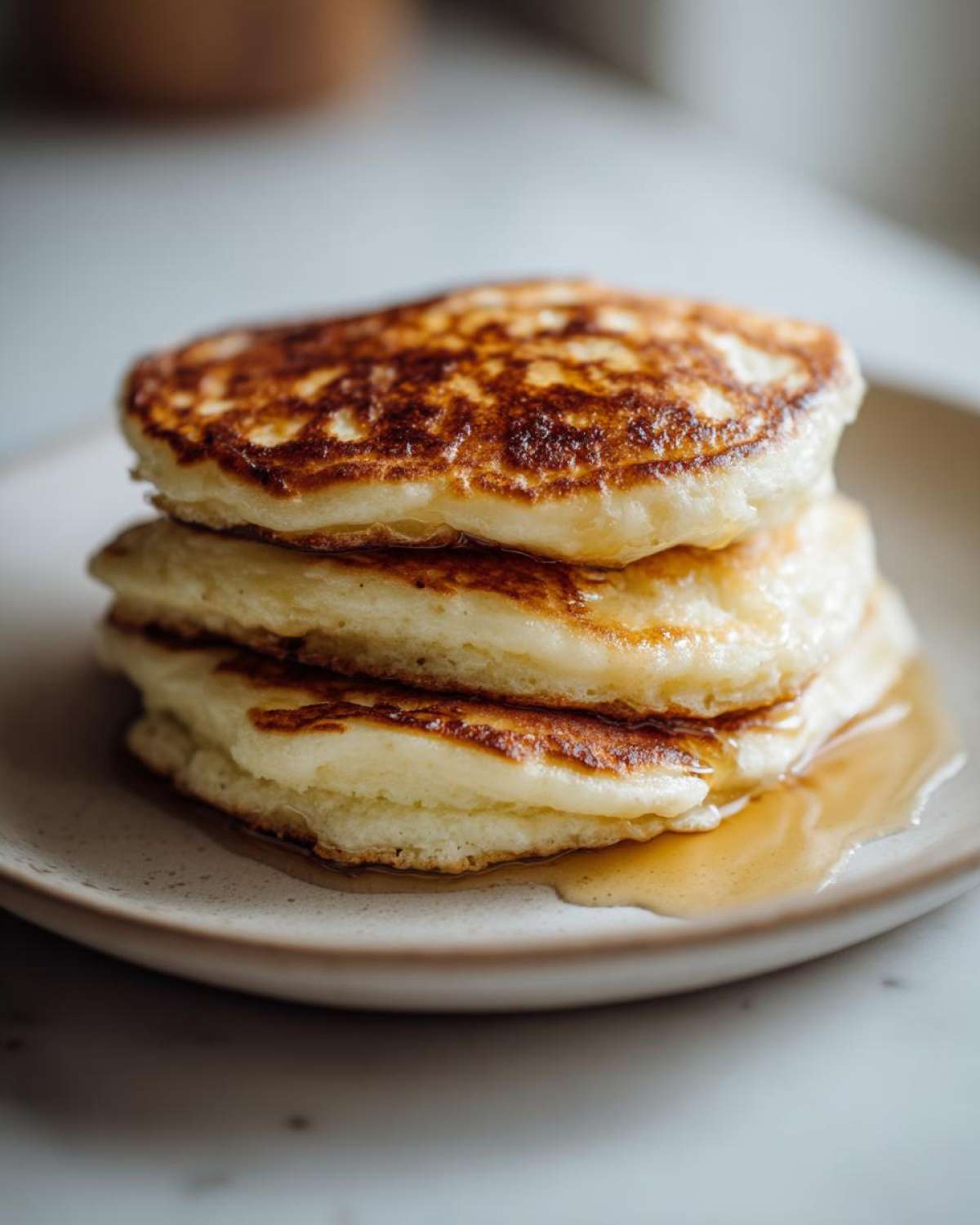 A stack of three fluffy greek yogurt pancakes drizzled with maple syrup on a light plate.
