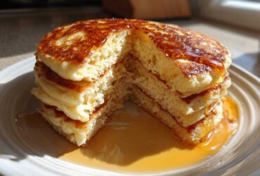 A stack of fluffy greek yogurt pancakes with a piece cut out, drizzled generously with golden syrup.