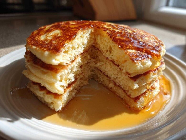 A stack of fluffy greek yogurt pancakes with a piece cut out, drizzled generously with golden syrup.