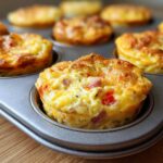 Close-up of fluffy muffin tin egg bites with visible ham and peppers baked in a metal tray.