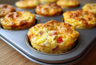 Close-up of fluffy muffin tin egg bites with visible ham and peppers baked in a metal tray.