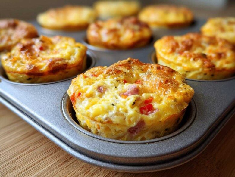 Close-up of fluffy muffin tin egg bites with visible ham and peppers baked in a metal tray.