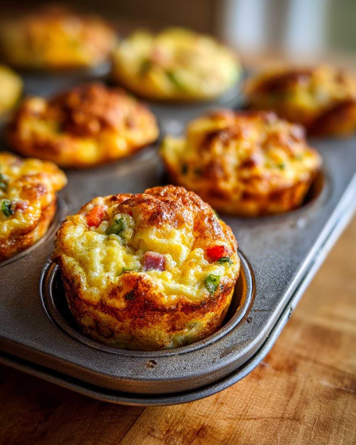 Close-up of fluffy muffin tin egg bites with visible ham and peppers in a metal baking tray.