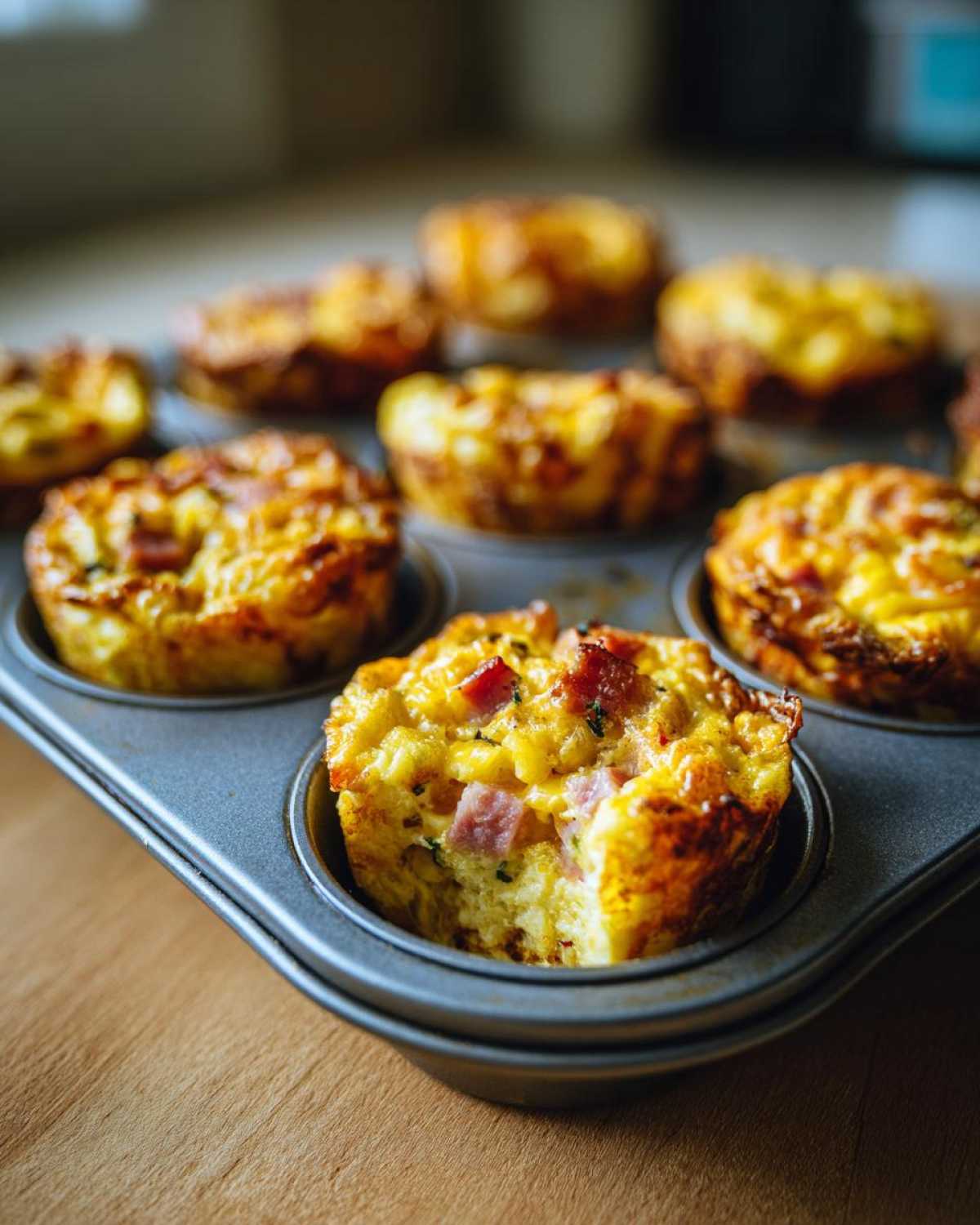 Close-up of fluffy muffin tin egg bites with ham and cheese baked in a dark metal muffin pan.