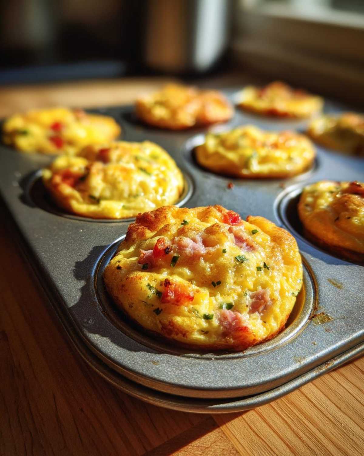 Close-up of fluffy muffin tin egg bites with visible ham and chives, still resting in the baking pan.