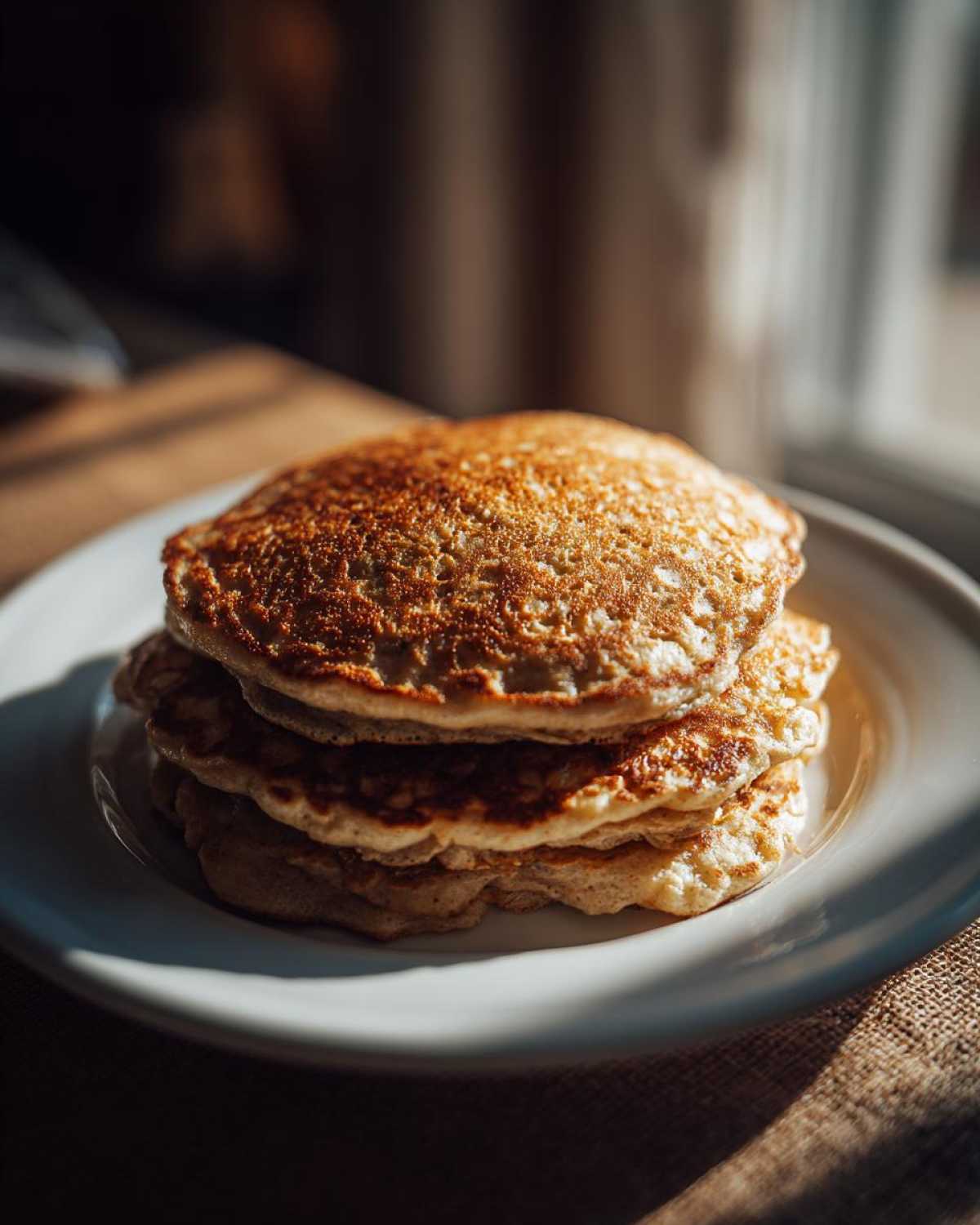 A tall stack of three fluffy oatmeal pancakes with golden-brown tops resting on a white plate.