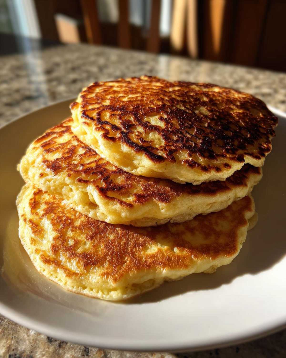 A close-up stack of three golden-brown, fluffy oatmeal pancakes on a white plate.