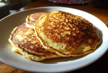 A stack of three golden-brown, fluffy oatmeal pancakes served on a white plate, highlighted by natural window light.