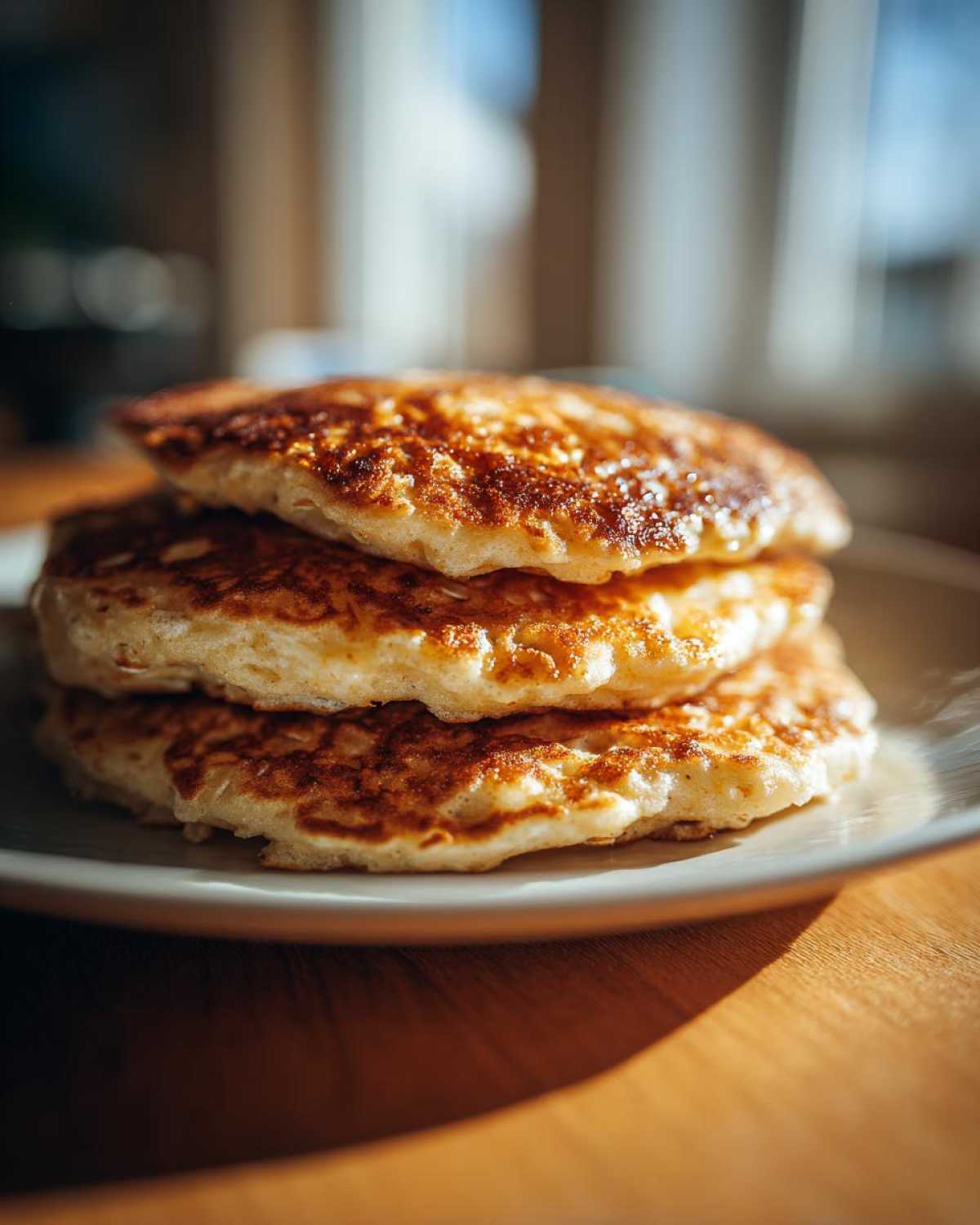 A stack of three golden-brown, fluffy oatmeal pancakes resting on a light-colored plate.