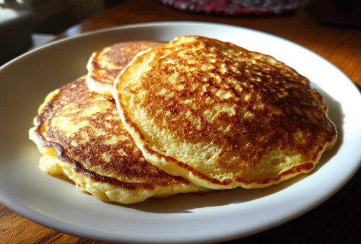 A stack of three golden-brown, fluffy oatmeal pancakes served on a white plate, highlighted by natural window light.