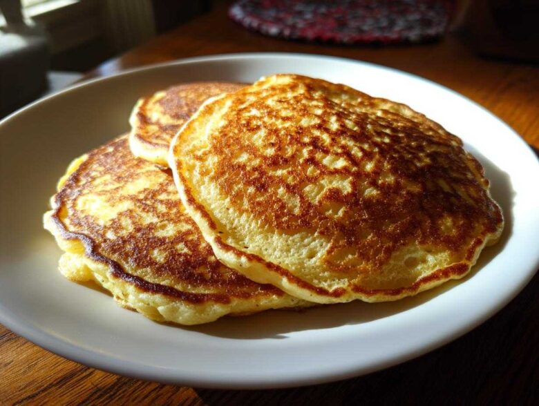 A stack of three golden-brown, fluffy oatmeal pancakes served on a white plate, highlighted by natural window light.